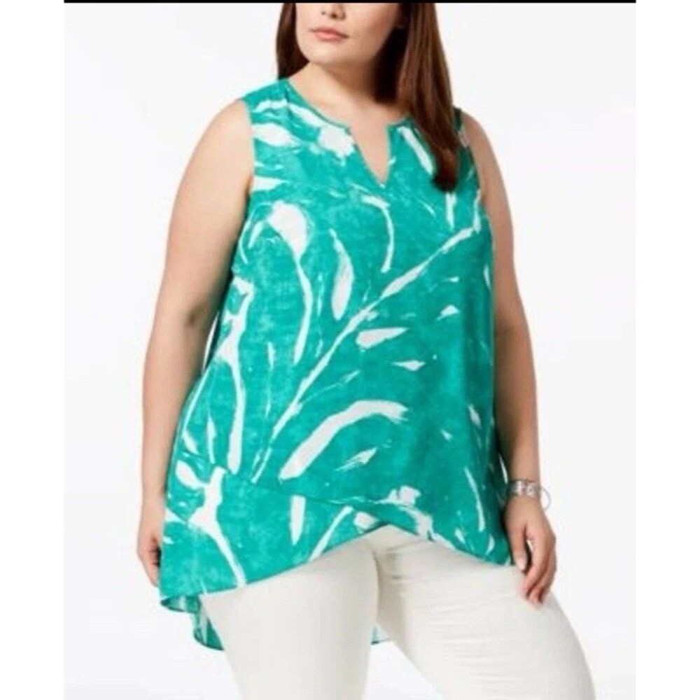 ALFANI Teal White Print Crepe Split Neck Asymmetric Tank sz 2X MSRP $65.50